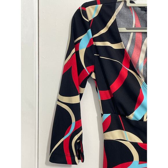 Y2K My Michelle Dress Small Geometric Faux Wrap 3/4 Sleeve Office Siren Retro - Picture 3 of 6